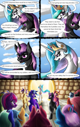 Size: 811x1280 | Tagged: safe, artist:masterofintrigue, princess celestia, oc, oc:silver shield, alicorn, pony, comic:apocalyponies, comic, rebellion