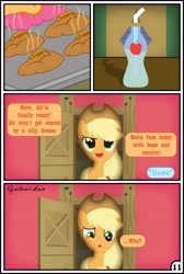 Size: 3254x4837 | Tagged: safe, artist:gutovi, applejack, earth pony, pony, comic:why me!?, absurd resolution, apple fritter (food), comic, food, implied rainbow dash, soda