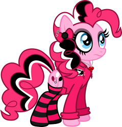 Size: 1208x1264 | Tagged: safe, artist:lightningbolt, derpibooru exclusive, pinkie pie, earth pony, pony, .svg available, bow, clandestine industries, clothes, dyed mane, dyed tail, emo, eyeliner, eyeshadow, female, frown, goth, hoodie, jewelry, makeup, mare, necklace, panic! at the disco, patch, pinkie pie's boutique, safety pin, scene kid, simple background, socks, solo, standing, striped socks, svg, transparent background, vector