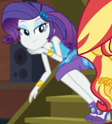 Size: 815x902 | Tagged: safe, screencap, rarity, better together, costume conundrum, equestria girls, clothes, cropped, cute, female, geode of shielding, gold, hairclip, high heels, jewelry, leaning forward, lidded eyes, magical geodes, pencil skirt, raribetes, seductive look, seductive pose, shoes, sitting, sleeveless, smiling, solo focus, staircase, stairs, sunset's apartment, waistband, wrist cuffs