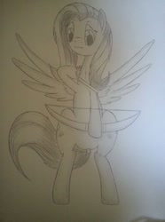 Size: 476x640 | Tagged: safe, artist:taurson, fluttershy, pegasus, pony, archery, arrow, bow (weapon), bow and arrow, flying, monochrome, solo, traditional art, weapon