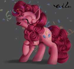 Size: 994x919 | Tagged: safe, artist:ailatf, pinkie pie, pony, confetti, eyes closed, happy, raised hoof, simple background, solo