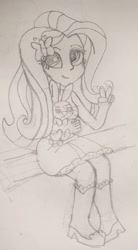 Size: 1102x2000 | Tagged: safe, artist:mrtheamazingdude, artist:mtad2, angel bunny, fluttershy, equestria girls, monochrome, sitting, solo, traditional art