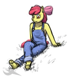 Size: 450x465 | Tagged: safe, artist:ethanqix, apple bloom, anthro, unguligrade anthro, hoof feet, hooves, overalls, solo