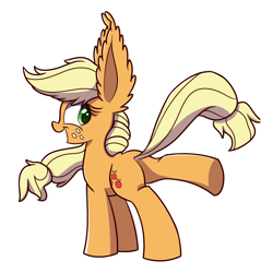 Size: 1280x1280 | Tagged: safe, artist:heir-of-rick, applejack, earth pony, pony, active stretch, impossibly large ears, looking back, missing accessory, plot, raised leg, solo