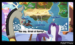 Size: 1288x782 | Tagged: safe, edit, edited screencap, editor:teren rogriss, screencap, discord, rarity, draconequus, narwhal, pony, unicorn, carousel boutique, episode needed, female, horn, map, map of equestria, mare, open mouth, this will end in property damage