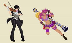 Size: 4500x2701 | Tagged: safe, artist:sonson-sensei, berry punch, berryshine, octavia melody, human, action pose, belly button, gun, humanized, midriff, one piece