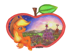 Size: 2338x1700 | Tagged: safe, artist:sall11111, applejack, earth pony, pony, solo, sunrise, sweet apple acres, traditional art