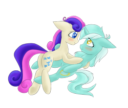 Size: 1300x1100 | Tagged: safe, artist:billysan727, bon bon, lyra heartstrings, sweetie drops, blushing, female, lesbian, lyrabon, shipping, simple background, smiling, transparent background, underhoof