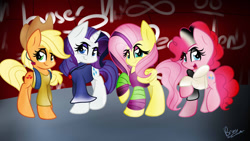 Size: 1024x576 | Tagged: safe, artist:lynchristina, applejack, fluttershy, pinkie pie, rarity, earth pony, pegasus, pony, unicorn