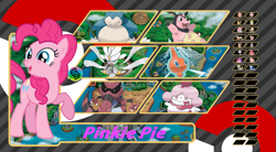 Size: 951x526 | Tagged: safe, artist:alphamonouryuuken, pinkie pie, earth pony, pony, crossover, krookodile, medicham, miltank, pokémon, rotom, slurpuff, snorlax, trainer card