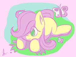 Size: 1600x1200 | Tagged: safe, artist:shapeshifter-fire, fluttershy, butterfly, pegasus, pony, blank flank, colored pupils, cute, female, filly, filly fluttershy, hair over one eye, looking at something, prone, shyabetes, solo, younger