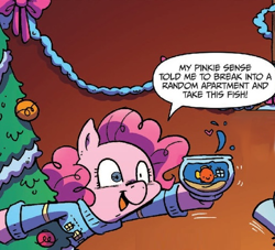 Size: 514x467 | Tagged: safe, artist:katiecandraw, idw, pinkie pie, earth pony, fish, pony, spoiler:comic, spoiler:comicholiday2015, christmas sweater, christmas tree, clothes, context is for the weak, fishbowl, hearth's warming eve, holiday, out of context, pinkie sense, present, puddles (fish), sweater, tree