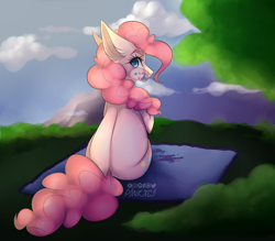 Size: 1280x1120 | Tagged: safe, artist:pinkxei, pinkie pie, earth pony, pony, back, blanket, cloud, eating, female, grass, looking at you, looking back, mare, messy eating, rear view, sitting, sky, solo, tree