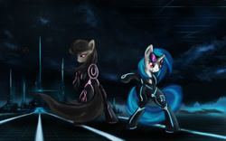 Size: 2016x1260 | Tagged: safe, artist:ardail, dj pon-3, octavia melody, vinyl scratch, earth pony, pony, crossover, tron