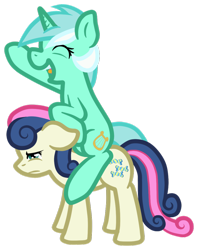 Size: 900x1134 | Tagged: safe, artist:furrgroup, bon bon, lyra heartstrings, sweetie drops, bon bon is not amused, ponies riding ponies, simple background, transparent background