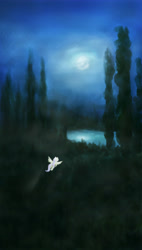 Size: 4000x7023 | Tagged: safe, artist:plotcore, fluttershy, pegasus, pony, absurd resolution, female, flying, forest, lake, mare, moon, night, solo