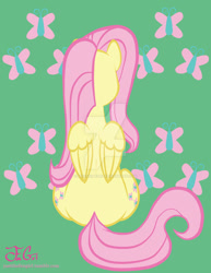 Size: 800x1035 | Tagged: safe, artist:missanimegrl, fluttershy, butterfly, pegasus, pony, both cutie marks, cutie mark, cutie mark background, female, mare, plot, raised hoof, rear view, sitting, solo, watermark