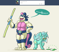 Size: 1280x1143 | Tagged: safe, artist:docwario, bon bon, lyra heartstrings, sweetie drops, goo, pony, turtle, askblankbon, bo staff, bon bombastic, bonpun, muscles, mutagen, ooze, staff, teenage mutant ninja turtles, tumblr, wat