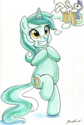 Size: 400x595 | Tagged: safe, artist:invalid-david, bon bon, lyra heartstrings, sweetie drops, pony, beer, bipedal, female, grin, imagination, incorrect leg anatomy, lesbian, lyrabon, shipping, thought bubble, traditional art