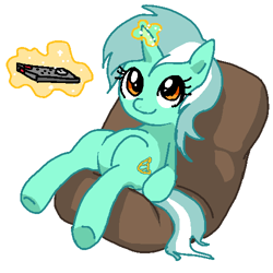 Size: 500x500 | Tagged: safe, artist:quizia, lyra heartstrings, pony, unicorn, beanbag chair, magic, remote, sitting, solo, telekinesis