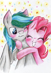 Size: 729x1024 | Tagged: safe, artist:themiatrissdraw, pinkie pie, oc, pegasus, pony, eyes closed, female, happy, hug, mare, smiling