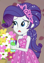 Size: 709x1000 | Tagged: safe, screencap, rarity, better together, choose your own ending, costume conundrum, costume conundrum: applejack, equestria girls, bare shoulders, beautiful, beverage, bulk biceps' home, clothes, cropped, dress, drink, drinking straw, female, gown, jewelry, sleeveless, solo, tiara