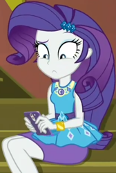 Size: 696x1037 | Tagged: safe, screencap, rarity, better together, costume conundrum, equestria girls, cellphone, cropped, cute, female, geode of shielding, gold, guitar, iphone, jewelry, legs, magical geodes, musical instrument, phone, raribetes, sitting, sleeveless, smartphone, stairs, sunset's apartment, wrist cuffs