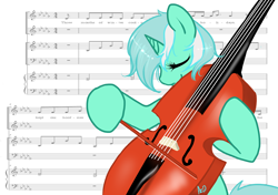 Size: 1280x900 | Tagged: safe, artist:azure-doodle, lyra heartstrings, pony, winter wrap up, bow (instrument), cello, cello bow, eyes closed, female, mare, music, musical instrument, sheet music, solo