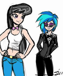 Size: 667x800 | Tagged: safe, artist:johnjoseco, dj pon-3, octavia melody, vinyl scratch, human, bowtie, clothes, clothes swap, colored, hand on hip, humanized, simple background, tuxedo, white background