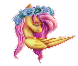 Size: 1024x869 | Tagged: safe, artist:mranonim, artist:mrantio, fluttershy, pegasus, pony, bust, eyes closed, female, floral head wreath, flower, head turn, looking down, mare, portrait, sad, simple background, solo, transparent background