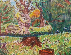 Size: 2371x1854 | Tagged: safe, artist:biskhuit, fluttershy, bird, pegasus, pony, apple, basket, flower, food, forest, mouth hold, profile, smiling, solo, traditional art, tree, tree stump