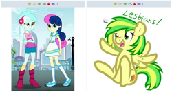 Size: 640x343 | Tagged: safe, artist:furrgroup, screencap, bon bon, lyra heartstrings, sweetie drops, oc, oc:wooden toaster, equestria girls, life is a runway, canterlot city, derpibooru, exploitable meme, female, juxtaposition, juxtaposition win, lesbian, meme, meta