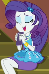 Size: 697x1040 | Tagged: safe, screencap, rarity, better together, costume conundrum, equestria girls, cellphone, clothes, cropped, eyes closed, female, geode of shielding, guitar, iphone, leaning forward, magical geodes, musical instrument, pencil skirt, phone, sitting, skirt, smartphone, smiling, solo, stairs, sunset's apartment, text
