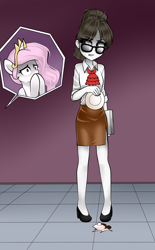 Size: 1100x1773 | Tagged: safe, artist:nekojackun, princess celestia, raven, pony, equestria girls, cake, clothes, female, food, glasses, hair bun, high heels, legs, plate, shoes, side slit, skirt, this will end in banishment