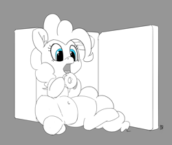 Size: 1280x1080 | Tagged: safe, artist:pabbley, pinkie pie, earth pony, pony, belly button, donut, eating, food, open mouth, pabbley is trying to murder us, partial color, refrigerator, simple background, sitting, solo