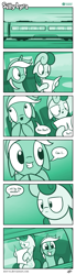 Size: 703x2534 | Tagged: safe, artist:dori-to, bon bon, lyra heartstrings, sweetie drops, earth pony, pony, unicorn, comic:silly lyra, comic, cute, duo, female, green background, greenscale, grin, lyrabetes, mare, monochrome, paper, reading, silly lyra, simple background, sitting, train