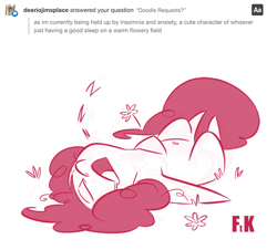 Size: 540x488 | Tagged: safe, artist:fluttershythekind, pinkie pie, earth pony, pony, ask, belly button, eyes closed, field, flower, monochrome, simple background, sleeping, solo, tumblr, white background, zzz