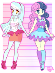 Size: 1025x1355 | Tagged: safe, artist:riouku, bon bon, lyra heartstrings, sweetie drops, equestria girls, life is a runway, abstract background, blushing, clothes, colored pupils, female, hairband, holding hands, lesbian, lyrabon, shipping, shirt, shoes, signature, skirt, smiling, socks