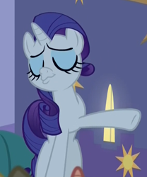 Size: 568x684 | Tagged: safe, screencap, rarity, pony, unicorn, the summer sun setback, confident, cropped, dismissive, eyes closed, eyeshadow, faic, female, gesture, makeup, mare, night, pointing, solo, wavy mouth