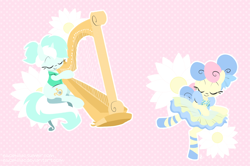 Size: 900x597 | Tagged: safe, artist:egophiliac, bon bon, lyra heartstrings, sweetie drops, earth pony, pony, unicorn, abstract background, ballet, bipedal, clothes, dancing, dress, duo, eyes closed, flower, harp, musical instrument, ribbon, smiling, tutu