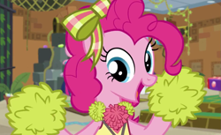 Size: 1203x735 | Tagged: safe, screencap, pinkie pie, pony, all bottled up, season 7, accessories, bow, cheering, clothes, costume, female, happy, looking at you, pom pom, solo