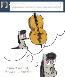 Size: 500x597 | Tagged: safe, artist:erthilo, octavia melody, earth pony, pony, ask, ask octavia, cello, female, filly, mare, mouth hold, musical instrument, no pupils, solo, thought bubble, tumblr, younger