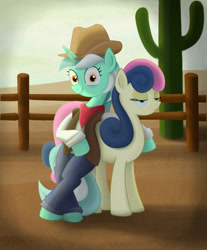 Size: 1200x1451 | Tagged: safe, artist:sslug, bon bon, lyra heartstrings, sweetie drops, earth pony, pony, unicorn, bon bon is not amused, clothes, cowboy hat, cowgirl, female, hat, looking at you, mare, smiling, unamused