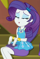 Size: 730x1066 | Tagged: safe, screencap, rarity, better together, costume conundrum, equestria girls, cellphone, clothes, cropped, geode of shielding, guitar, iphone, lidded eyes, magical geodes, musical instrument, pencil skirt, phone, sitting, skirt, smartphone, stairs, sunset's apartment