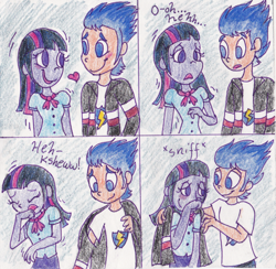 Size: 906x884 | Tagged: safe, artist:php68, derpibooru import, flash sentry, twilight sparkle, twilight sparkle (alicorn), alicorn, equestria girls, cold, comic, cute, female, flashlight, gentleman, humanized, male, shipping, sick, sneezing, straight, traditional art