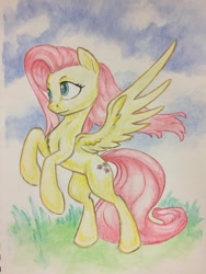 Size: 1024x1365 | Tagged: safe, artist:grokostimpy, fluttershy, pegasus, pony, female, looking away, mare, rearing, smiling, solo, spread wings, traditional art, windswept mane, wings