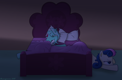 Size: 1600x1048 | Tagged: safe, artist:bluemeganium, bon bon, lyra heartstrings, sweetie drops, bed, bon bon is not amused, falling, female, lesbian, lyrabon, night, shipping, sleeping