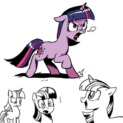 Size: 500x500 | Tagged: safe, artist:baekgup, derpibooru import, idw, twilight sparkle, spoiler:comic, partial color, snorting, style emulation, twilight is not amused, unamused