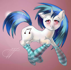 Size: 1229x1209 | Tagged: safe, artist:krucification, dj pon-3, vinyl scratch, pony, unicorn, clothes, lip bite, nightmare fuel, socks, solo, striped socks, uncanny valley